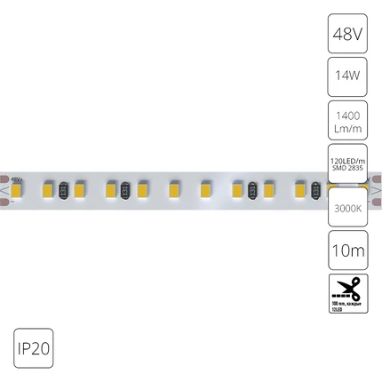 Светодиодная лента 48V 14,4W m 3000К 10м IP20 Arte Lamp TAPE A4812010-07-3K